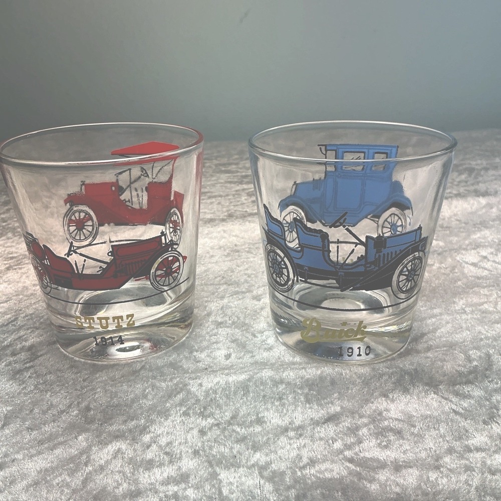 VTG Pair Of Hazel Atlas Antique Autos Cars Rocks Glass Whiskey Brandy Glass 3"